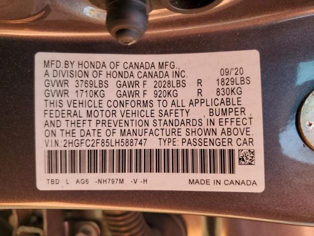 2HGFC2F85LH588747 - 2020 HONDA CIVIC SPORT 灰色 照片 12