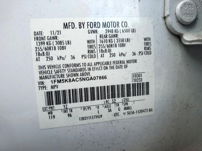 1FM5K8AC5NGA07866 - 2022 FORD EXPLORER POLICE INTERCEPTOR WHITE photo 14