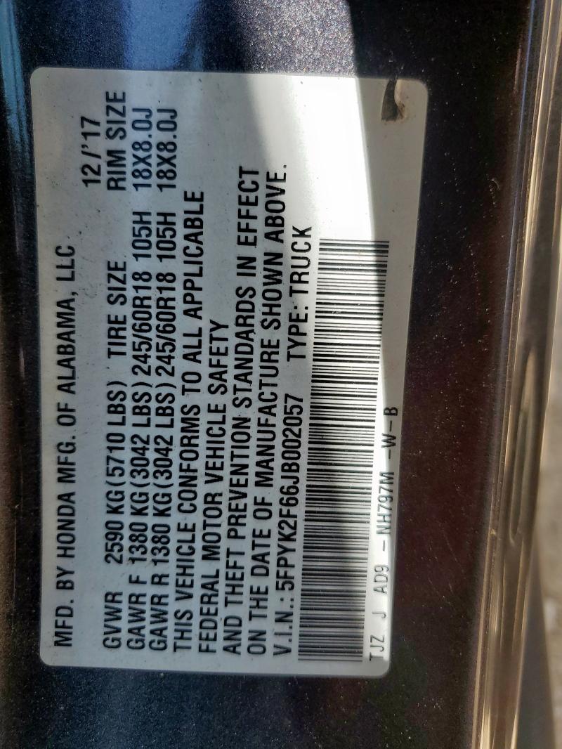 5FPYK2F66JB002057 - 2018 HONDA RIDGELINE RTL Szary zdjęcie 12