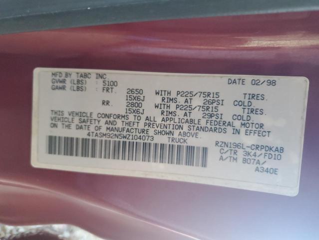 4TASM92N5WZ104073 - 1998 TOYOTA TACOMA XTRACAB PRERUNNER ბურგუნდია ფოტო 12