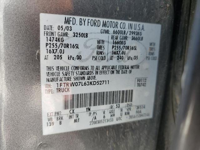 1FTRW07L63KD52711 - 2003 FORD F150 SUPERCREW GRAY photo 12