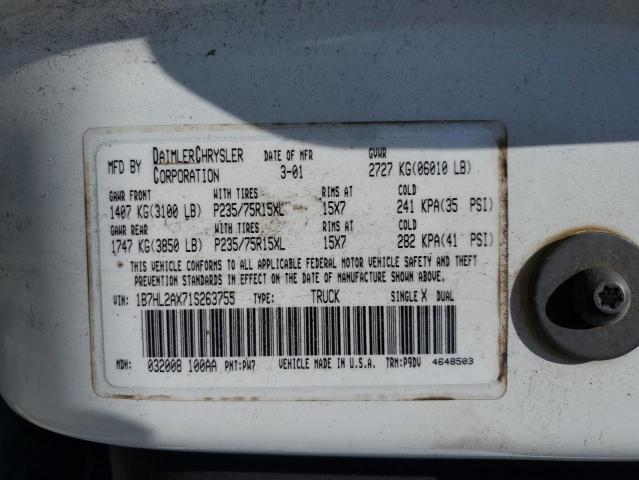 1B7HL2AX71S263755 - 2001 DODGE DAKOTA QUAD WHITE photo 12