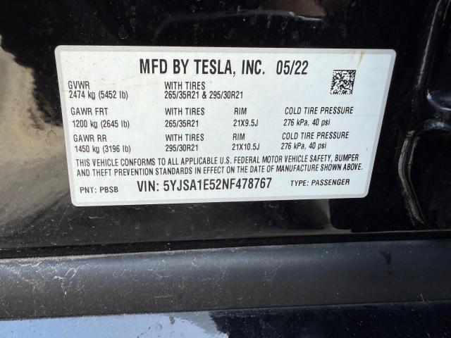 5YJSA1E52NF478767 - 2022 TESLA MODEL S 黑色 照片 10