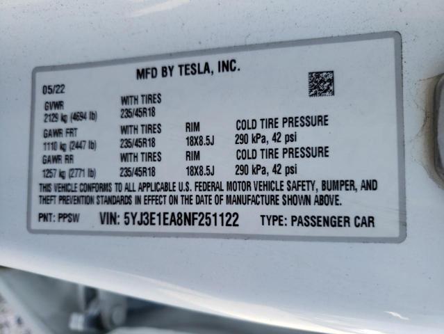 5YJ3E1EA8NF251122 - 2022 TESLA MODEL 3 WHITE photo 12