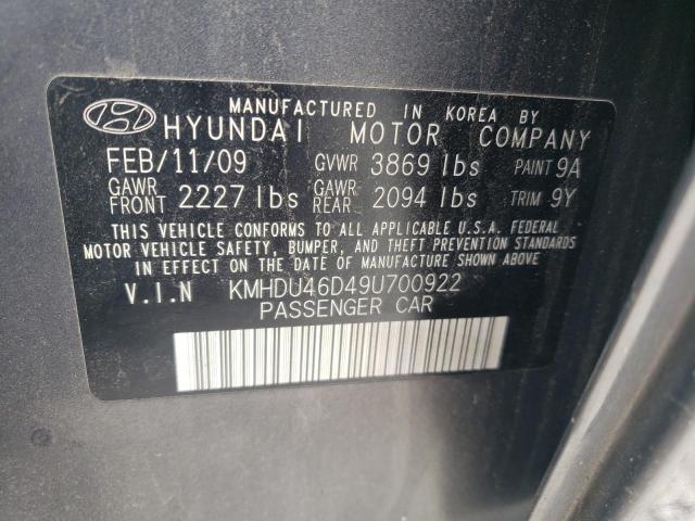 KMHDU46D49U700922 - 2009 HYUNDAI ELANTRA GLS GRAY photo 12