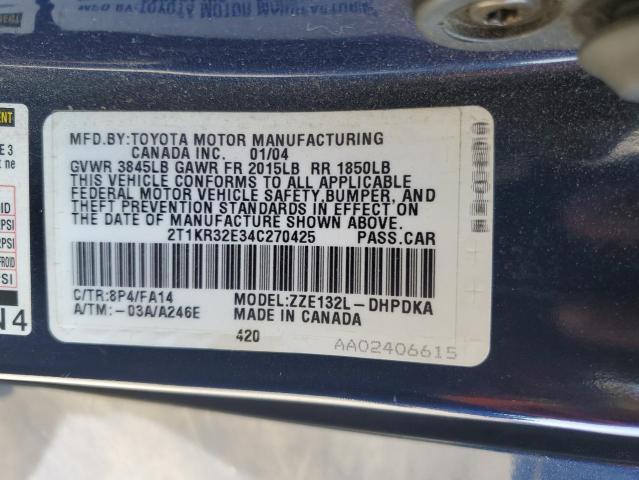 2T1KR32E34C270425 - 2004 TOYOTA COROLLA MA XR BLUE photo 12
