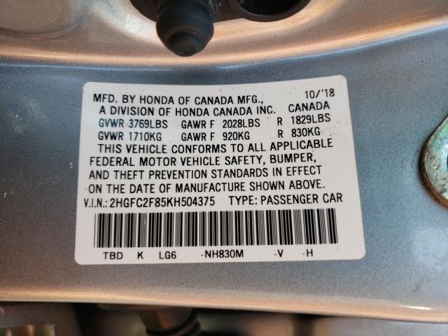 2HGFC2F85KH504375 - 2019 HONDA CIVIC SPORT 银色 照片 10