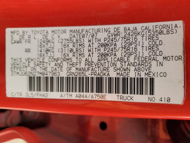 3TMJU62N27M047963 - 2007 TOYOTA TACOMA DOUBLE CAB PRERUNNER RED photo 12