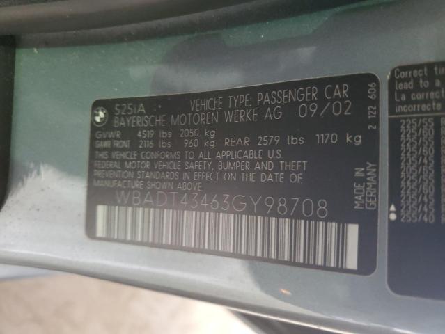 WBADT43463GY98708 - 2003 BMW 525 I AUTOMATIC GREEN photo 12