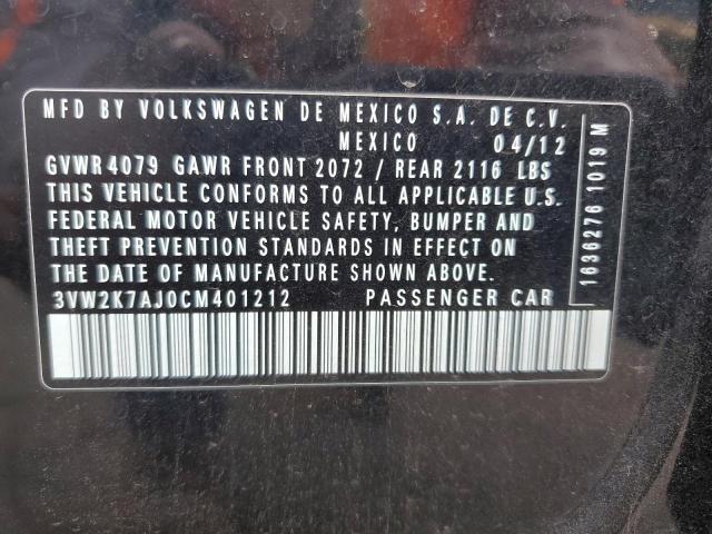3VW2K7AJ0CM401212 - 2012 VOLKSWAGEN JETTA BASE Noir photo 12