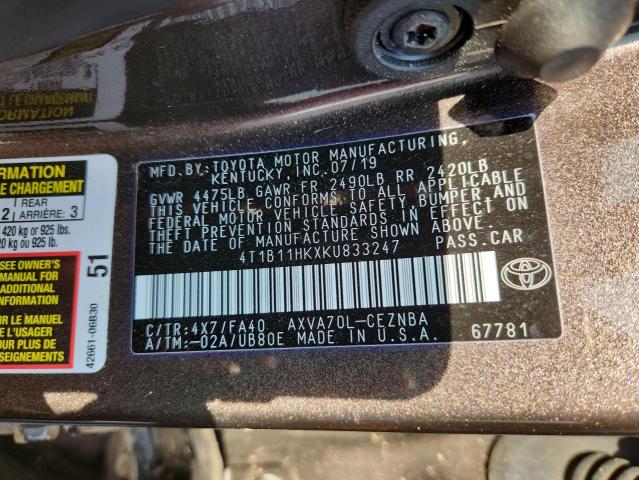 4T1B11HKXKU833247 - 2019 TOYOTA CAMRY L BROWN photo 13