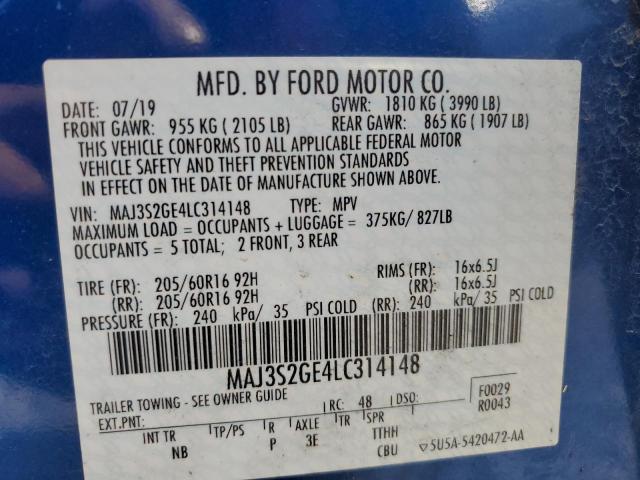 MAJ3S2GE4LC314148 - 2020 FORD ECOSPORT SE Mavi fotoğraf 12