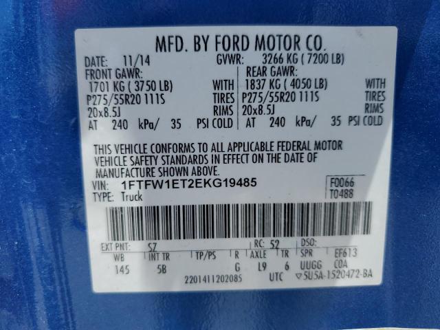 1FTFW1ET2EKG19485 - 2014 FORD F150 SUPERCREW BLUE photo 12