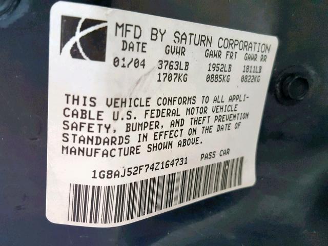 1G8AJ52F74Z164731 - 2004 SATURN ION LEVEL 2  photo 10