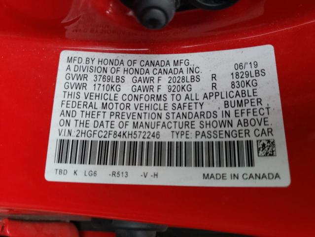 2HGFC2F84KH572246 - 2019 HONDA CIVIC SPORT 红色 照片 12