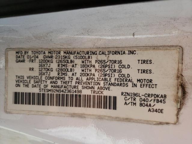 5TESM92N94Z361498 - 2004 TOYOTA TACOMA XTRACAB PRERUNNER 白色 照片 12