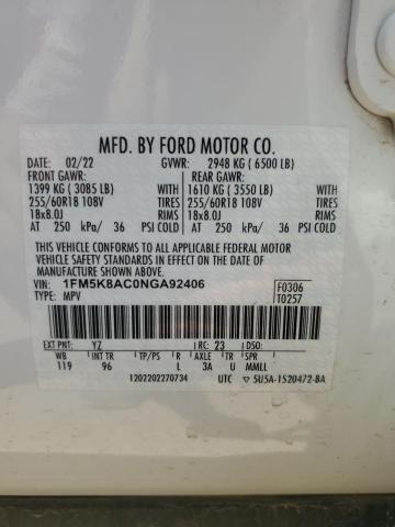 1FM5K8AC0NGA92406 - 2022 FORD EXPLORER POLICE INTERCEPTOR WHITE photo 12