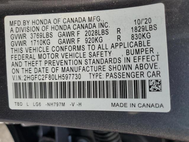 2HGFC2F80LH597730 - 2020 HONDA CIVIC SPORT 石墨色 照片 12