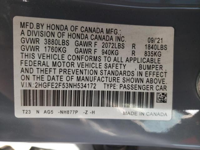 2HGFE2F53NH534172 - 2022 HONDA CIVIC SPORT 青色 照片 12