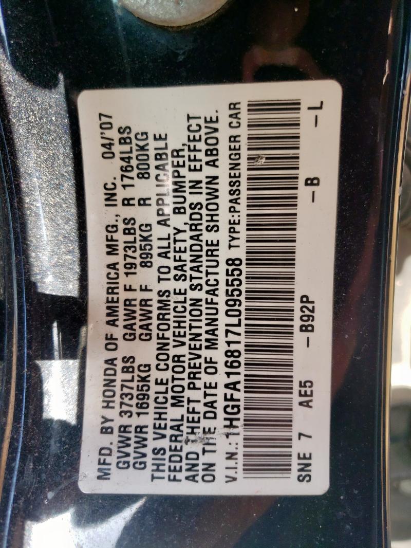 1HGFA16817L095558 - 2007 HONDA CIVIC EX BLACK photo 12