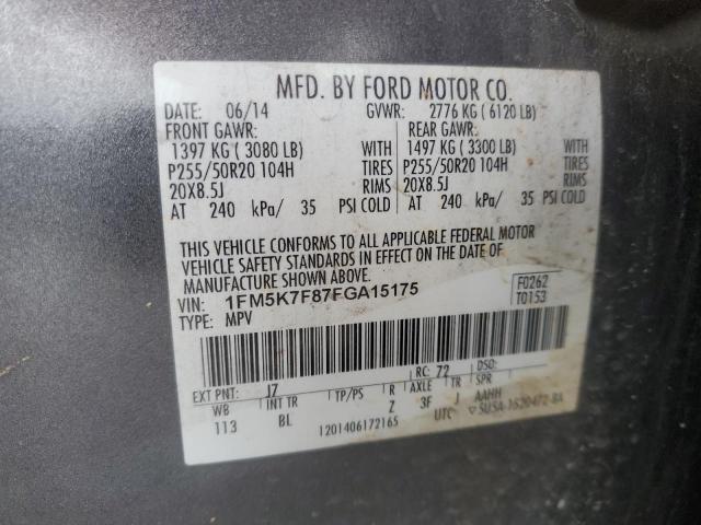 1FM5K7F87FGA15175 - 2015 FORD EXPLORER LIMITED Մոխրագույն լուսանկար 14