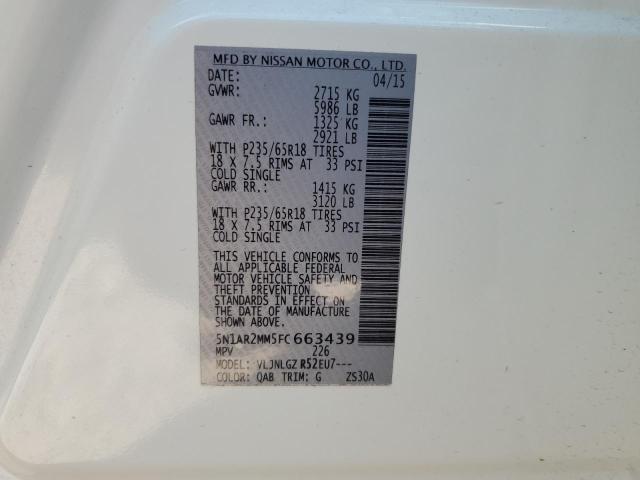 5N1AR2MM5FC663439 - 2015 NISSAN PATHFINDER S WHITE photo 13