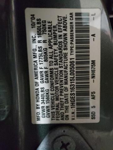 1HGES16315L005061 - 2005 HONDA CIVIC DX VP Silber Foto 12