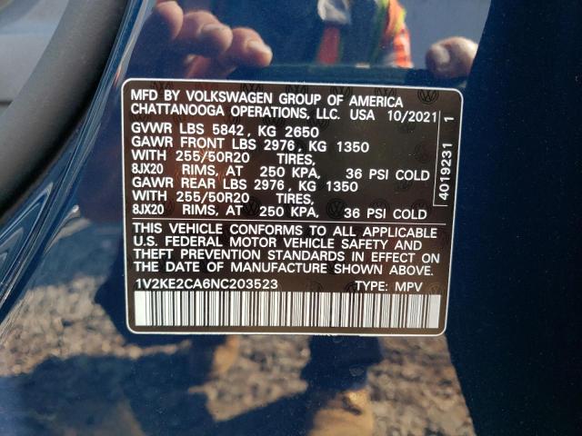 1V2KE2CA6NC203523 - 2022 VOLKSWAGEN ATLAS CROS SE ლურჯი ფოტო 13