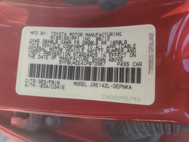 5YFBU4EE4CP073987 - 2012 TOYOTA COROLLA BASE Червоний фото 13