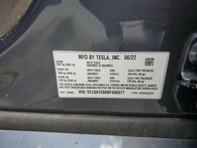 5YJSA1E66NF480577 - 2022 TESLA MODEL S Boz foto 12