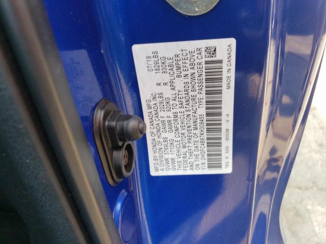 2HGFC4B87KH308455 - 2019 HONDA CIVIC SPORT BLUE photo 12