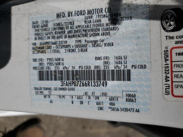 3FAHP07Z66R133749 - 2006 FORD FUSION SE WHITE photo 12