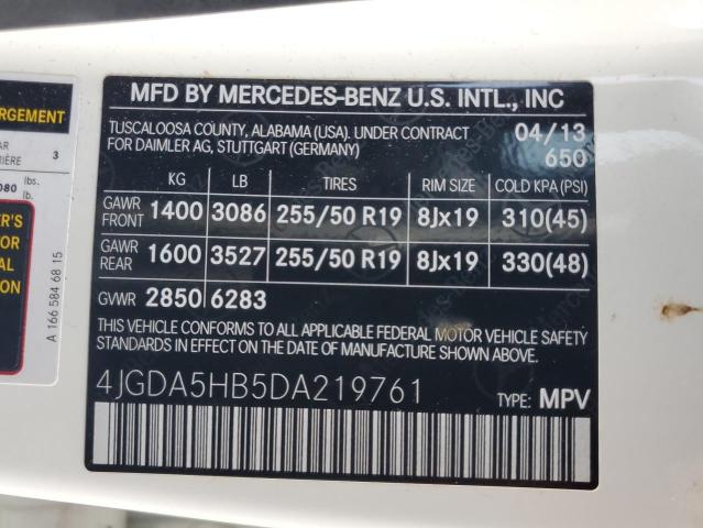4JGDA5HB5DA219761 - 2013 MERCEDES-BENZ ML 350 4MATIC WHITE photo 12