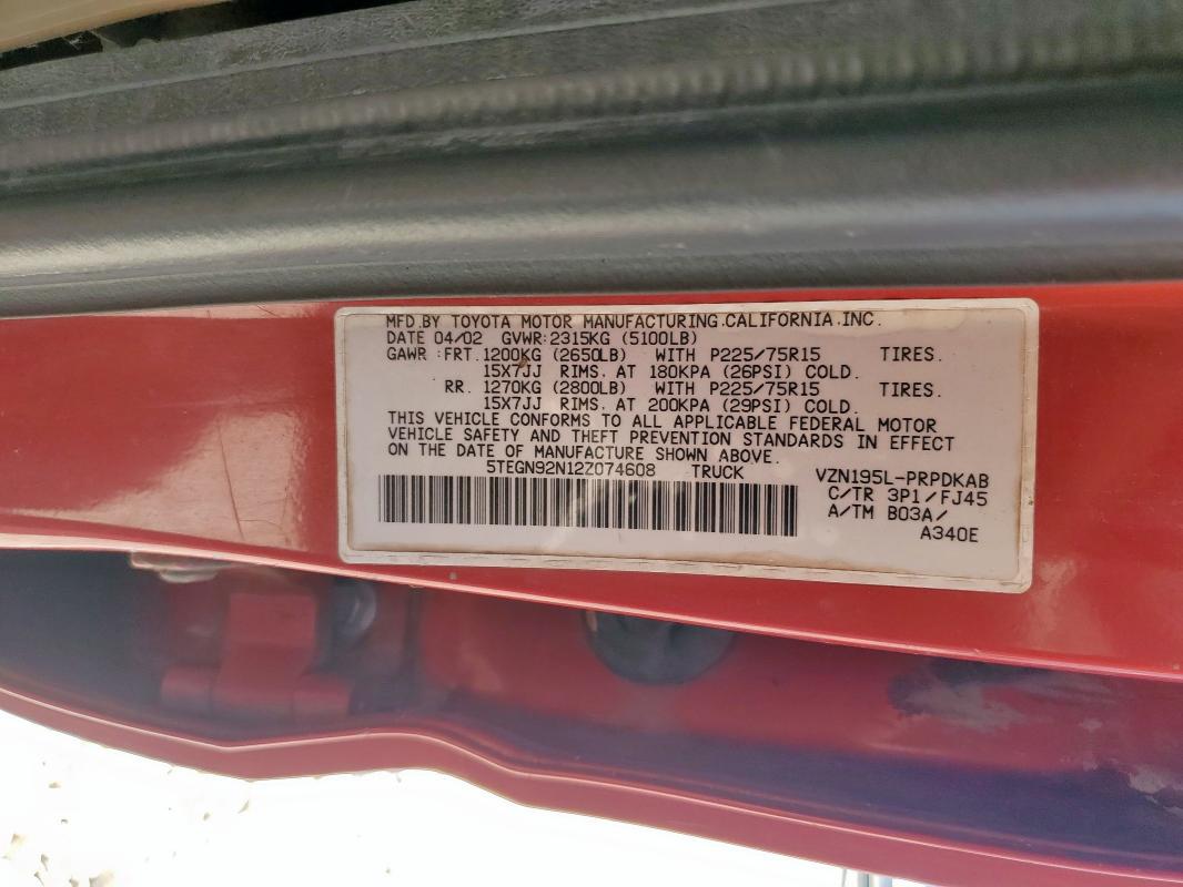 5TEGN92N12Z074608 - 2002 TOYOTA TACOMA DOUBLE CAB PRERUNNER RED photo 12