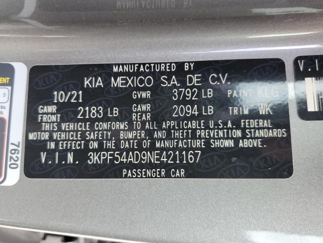 3KPF54AD9NE421167 - 2022 KIA FORTE GT LINE GRAY photo 12