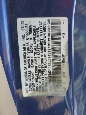 1HGEM21165L074317 - 2005 HONDA CIVIC DX VP Mavi foto 12