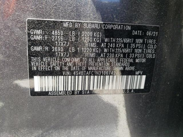 4S4BTAFC1N3106742 - 2022 SUBARU OUTBACK PREMIUM GRAY photo 13