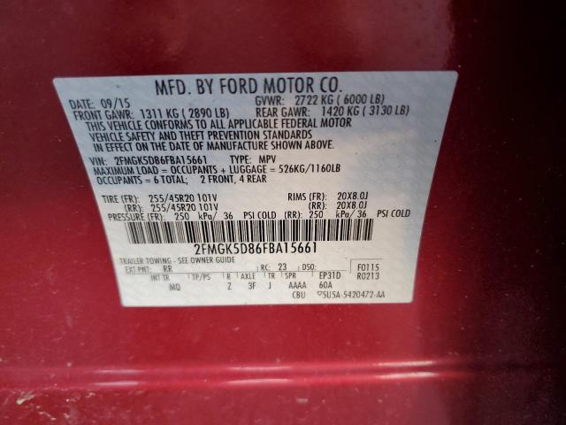 2FMGK5D86FBA15661 - 2015 FORD FLEX LIMITED RED photo 13