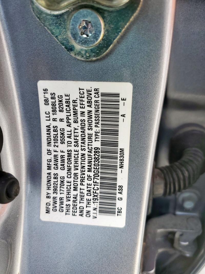 19XFC1F70GE038289 - 2016 HONDA CIVIC EXL SILVER photo 12