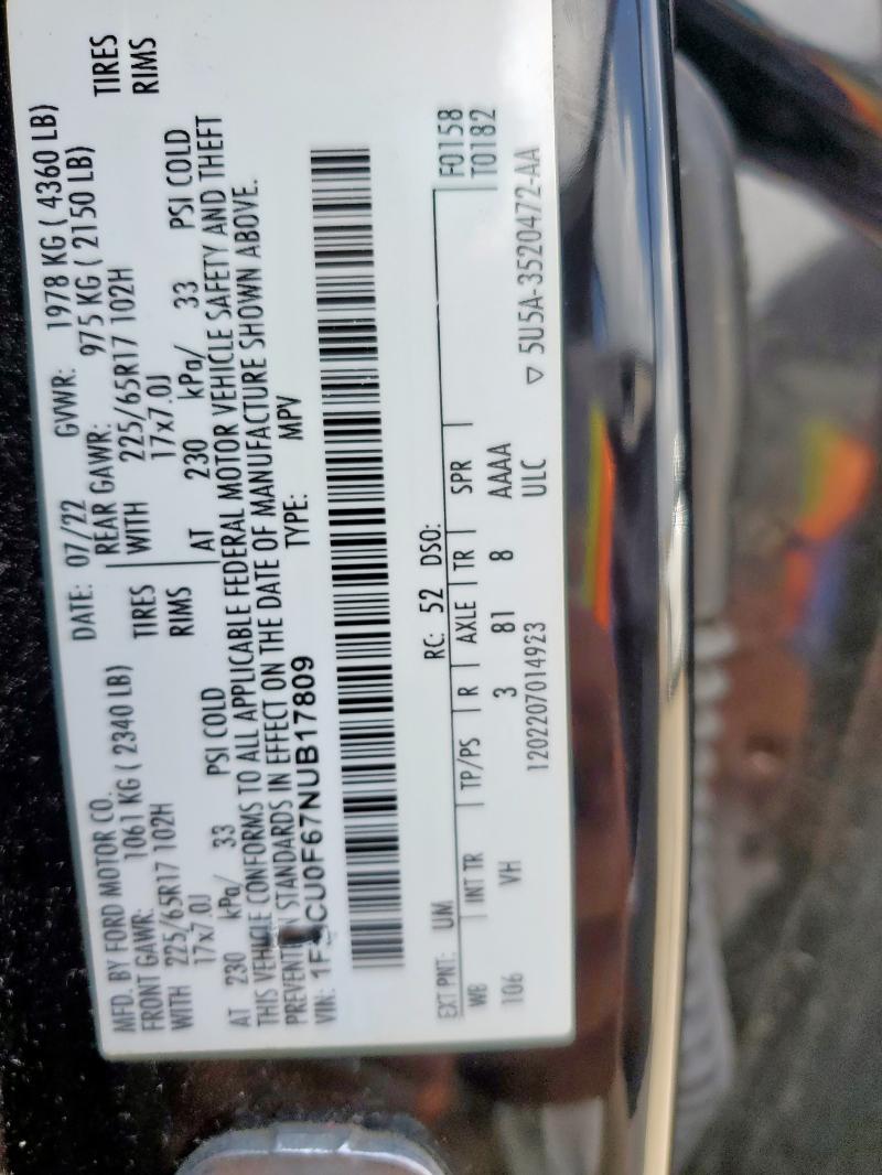 1FMCU0F67NUB17809 - 2022 FORD ESCAPE S BLACK photo 13