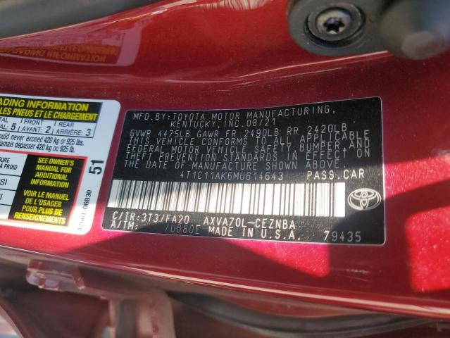 4T1C11AK6MU614643 - 2021 TOYOTA CAMRY LE RED photo 13