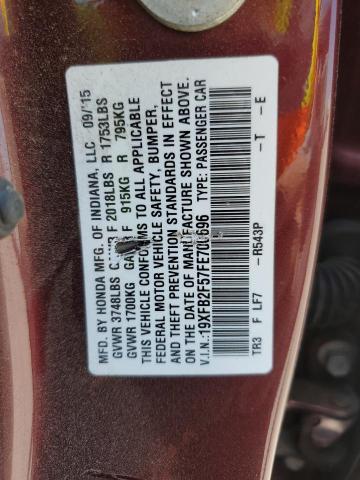 19XFB2F57FE700696 - 2015 HONDA CIVIC LX BURGUNDY photo 12