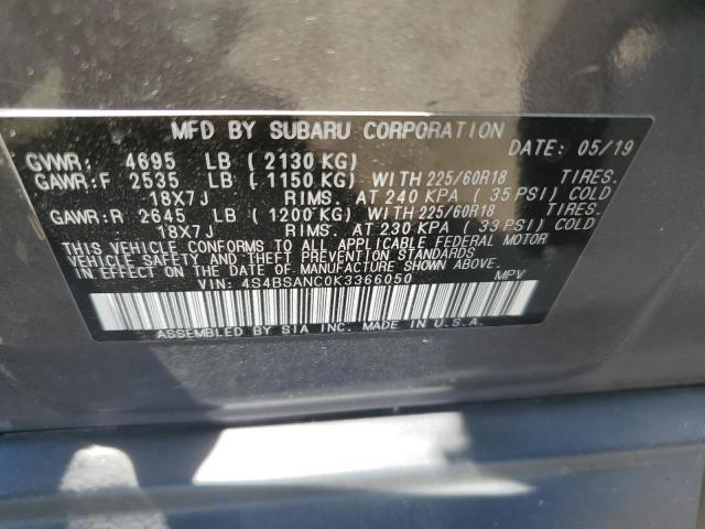 4S4BSANC0K3366050 - 2019 SUBARU OUTBACK 2.5I LIMITED GRAY photo 12