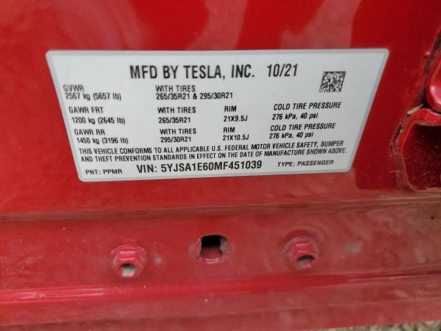 5YJSA1E60MF451039 - 2021 TESLA MODEL S RED photo 13