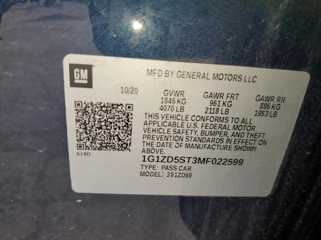 1G1ZD5ST3MF022599 - 2021 CHEVROLET MALIBU LT BLUE photo 12