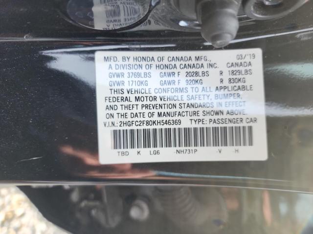 2HGFC2F80KH546369 - 2019 HONDA CIVIC SPORT 黑色 照片 10