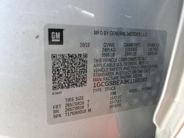 1GCGSBEA8K1160193 - 2019 CHEVROLET COLORADO SILVER photo 12