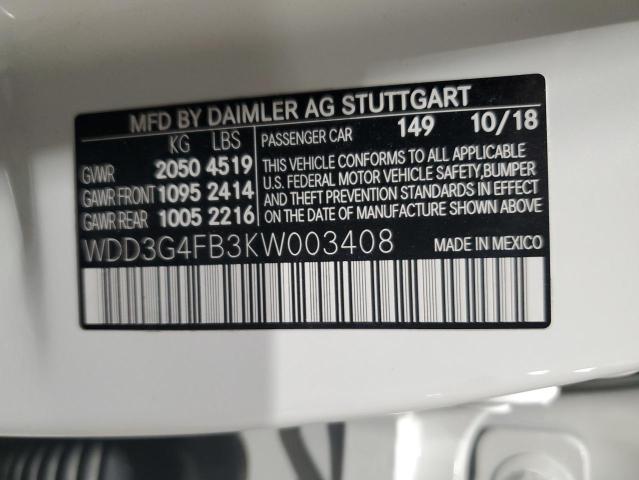 WDD3G4FB3KW003408 - 2019 MERCEDES-BENZ A 220 4MATIC WHITE photo 12