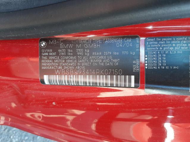 WBSBR93414PK07150 - 2004 BMW M3 RED photo 10