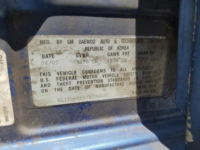 KL1TD66697B792607 - 2007 CHEVROLET AVEO BASE BLUE photo 12